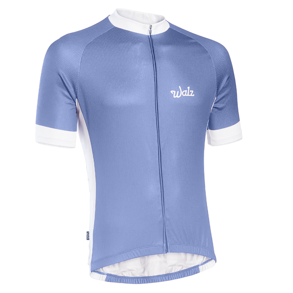 Light Blue short sleeve jersey with white accents on the neck, cuffs, and sides.  Angled view.