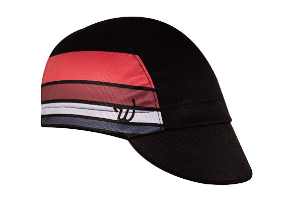 "The Finisher" Technical 3-Panel Cap.  Black cap with red, white, and gray stripes.  Angled view.