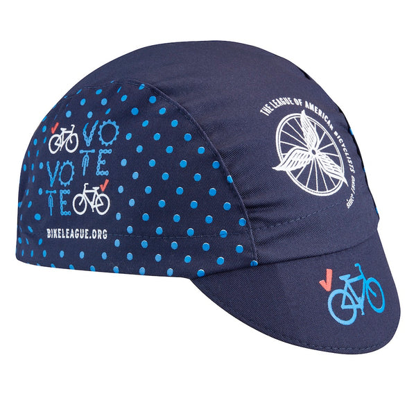 Cap For a Cause - League of American Bicyclists Technical 3-Panel cap.  Navy blue cap with light blue polka dots.  Features Vote text and League of American Bicyclists imagery.  Angled view.