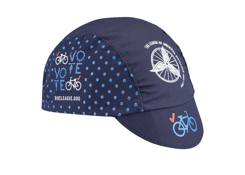 Cap For a Cause - League of American Bicyclists Technical 3-Panel cap.  Navy blue cap with light blue polka dots.  Features Vote text and League of American Bicyclists imagery.  Angled view.