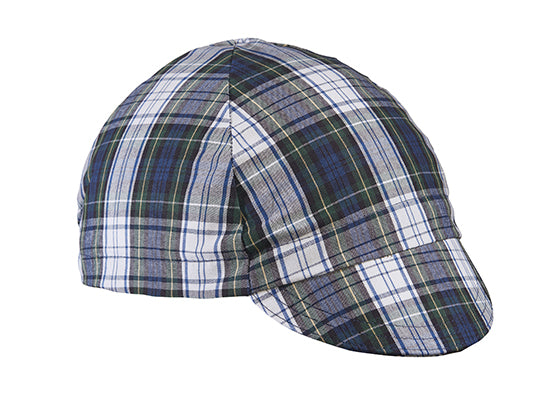 Green/Blue Plaid Cotton 4-Panel Cycling Cap.  Angled view.