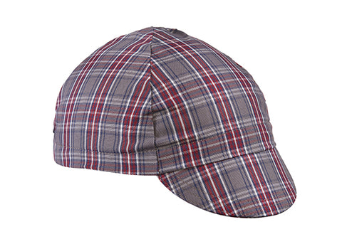 Grey/Maroon 4-Panel Plaid Cotton Cycling Cap. Angled view.