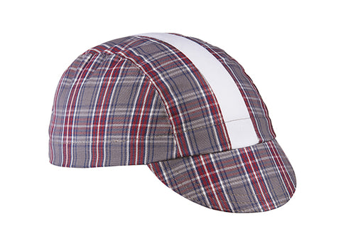 Grey/Maroon/White Stripe 3-Panel Plaid Cotton Cycling Cap. Angled view.