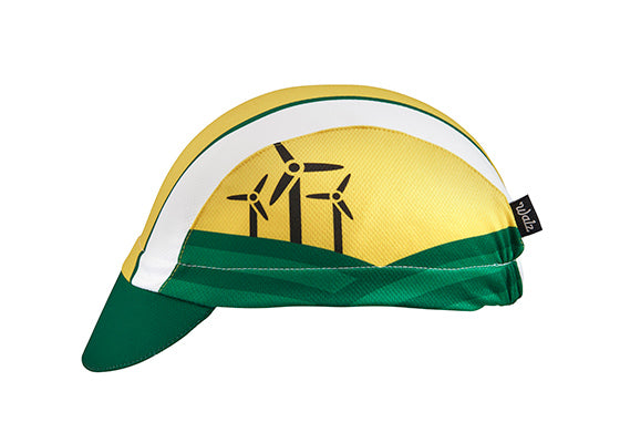 Iowa Technical 3-Panel Cycling Cap. Green, white, and yellow cap with windmills on the side.  Side view.
