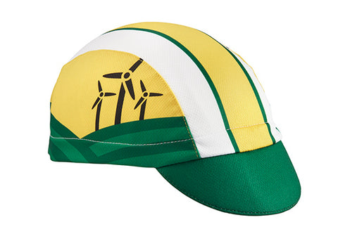 Iowa Technical 3-Panel Cycling Cap. Green, white, and yellow cap with windmills on the side.  Angled view.