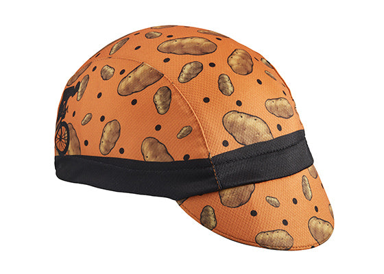 Idaho Technical 3-Panel Cycling Cap.  Orange and black cap with potato print.  Angled view.