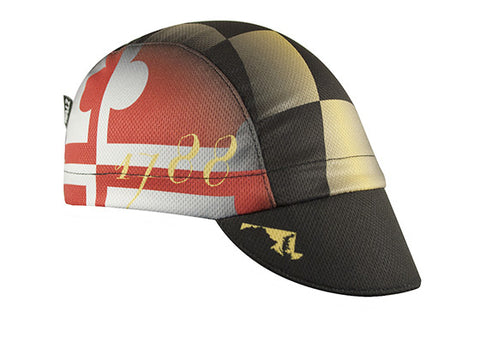 Maryland Technical 3-Panel Cycling Cap. Maryland flag print all over.  Angled view.