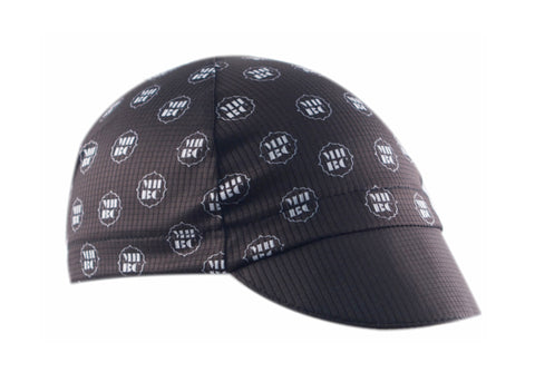 Mill House Brewing Co. Technical 3-Panel Cycling Cap.  Black cap with MHBC logo print.  Angled view.