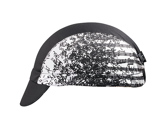 Nashville 3-Panel Technical Cycling Cap.  Black and white cap with jumbled musical note print on side.  Side view.