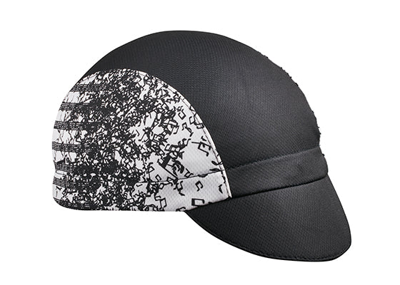 Nashville 3-Panel Technical Cycling Cap.  Black and white cap with jumbled musical note print on side.  Angled view.