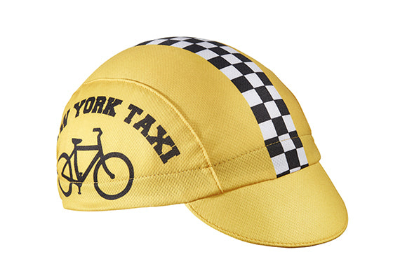 NYC Taxi Technical 3-Panel Cycling Cap.  Yellow cap with checkered flag stripe. NEW YORK TAXI text and bike icon on side.  Angled view.