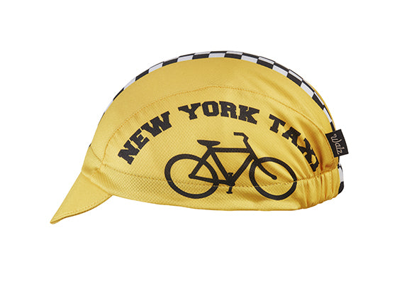 NYC Taxi Technical 3-Panel Cycling Cap.  Yellow cap with checkered flag stripe. NEW YORK TAXI text and bike icon on side.  Side view.