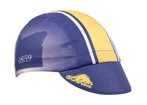 Oregon Technical 3-Panel Cycling Cap.  Blue and yellow cap with Oregon state outline on side and beaver icon on brim.  Angled view.