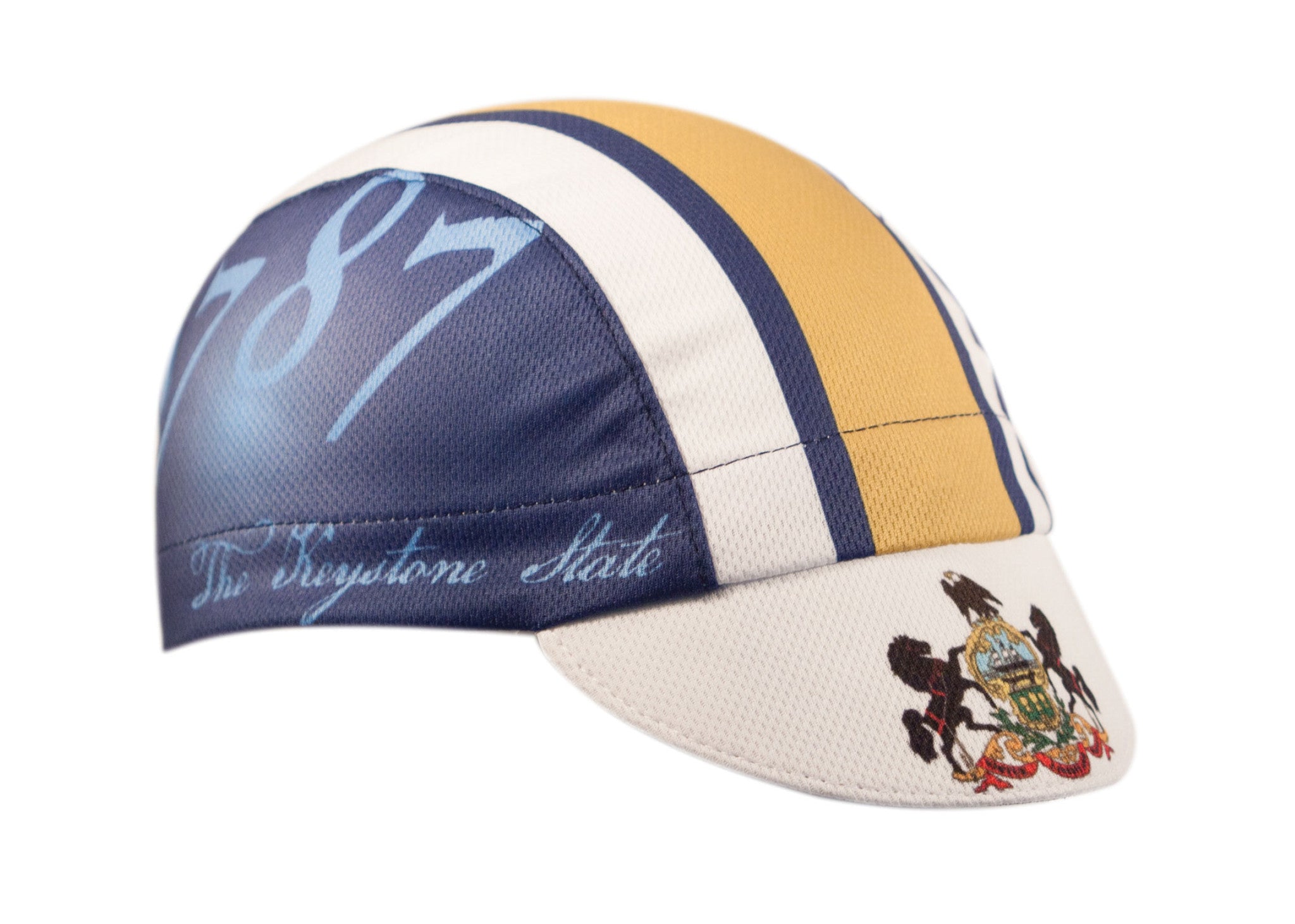 Pennsylvania Technical 3-Panel Cycling Cap.  Blue, white, and yellow cap with 1787 and The Keystone State text on side.  Pennsylvania coat of arms on bill.  Angled view.