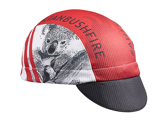 Cap For a Cause - "WIRES" Save Australia Technical 3-Panel Cycling Cap. Red, white, and black cap with Koala bear on the side and AUSTRALIANBUSHFIRE text on top.  Angled view.