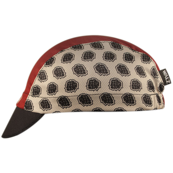 Ithaca Beer Co. Technical 3-Panel Cycling Cap.  Red, white and black cap with hops imagery on side.  Side view.