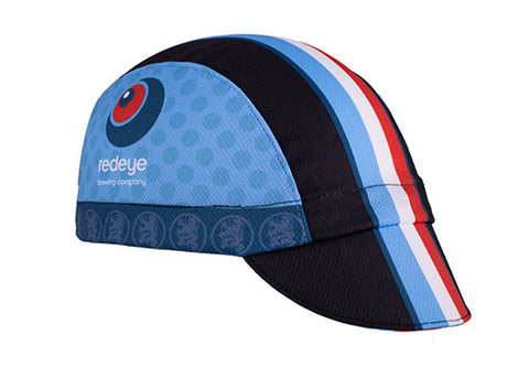 Red Eye Brewing Co. Technical 3-Panel Cycling Cap.  Blue and black cap with blue, white, and red stripes.  Red Eye brewing company imagery on side.  Angled view.