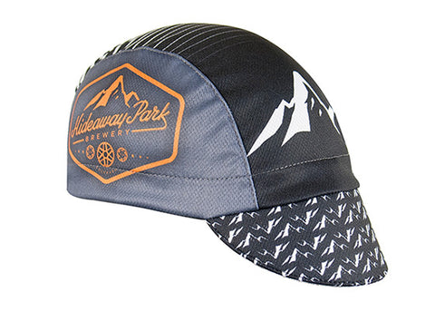 Hideaway Park Brewery Technical 3-Panel Cap.  Black and gray cap with mountains on front and brim and Hideaway Park Brewing logo on the side.  Angled view.