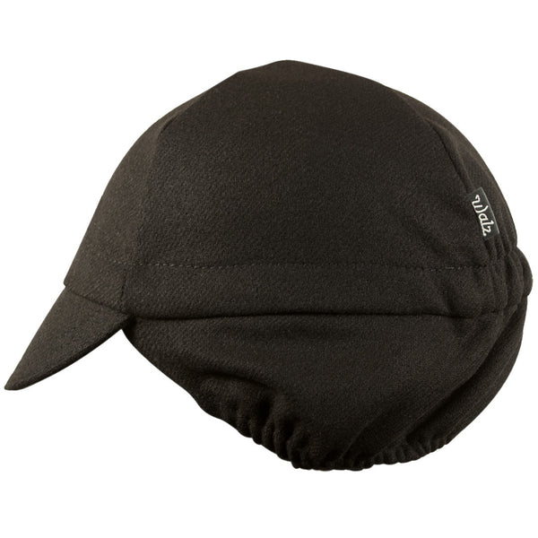 Black Wool Flannel Ear Flap 4-Panel Cap.  Side view.