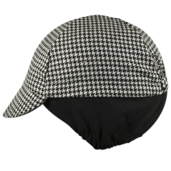 Houndstooth Wool Flannel Ear Flap Cap.  Black and white houndstooth.  Side view.