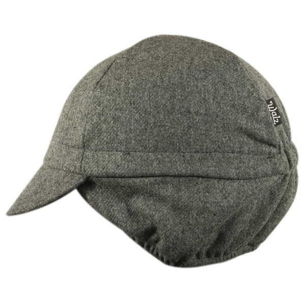 Grey Wool Flannel Ear Flap 4-Panel Cap.  Side view.