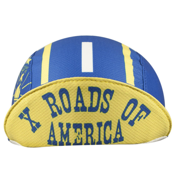 Indiana Technical 3-Panel Cycling Cap.  Blue cap with yellow and white stripes and X ROADS OF AMERICA text under brim.  Brim up front view.