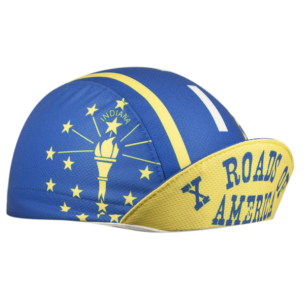 Indiana Technical 3-Panel Cycling Cap.  Blue cap with yellow and white stripes and Indiana torch imagery.  Brim up angled view.