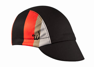 "BRG" Technical 3-Panel Cap.  Black cap with orange, tan, and gray accents.  Angled view.
