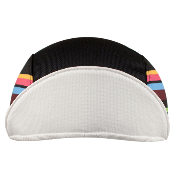 "Inspiration" Technical 3-Panel Cap.  Black cap with white brim and multicolor striping on side panel.  Front view. Brim up.