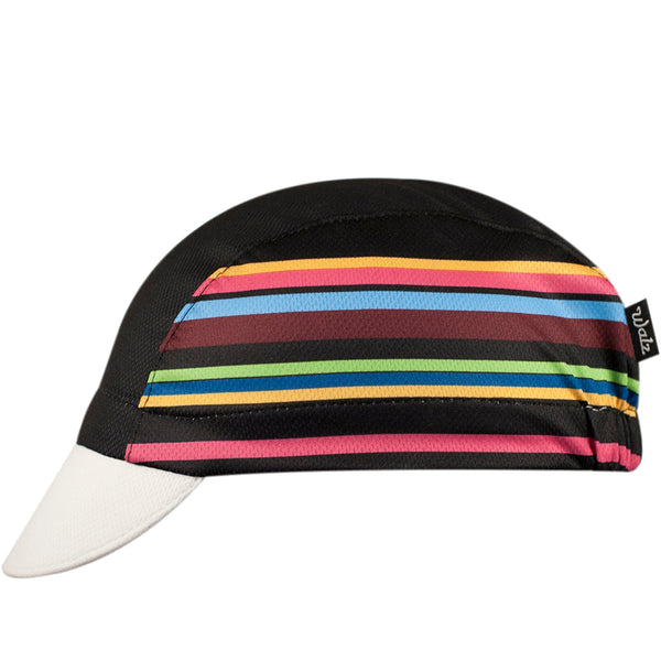 "Inspiration" Technical 3-Panel Cap.  Black cap with white brim and multicolor striping on side panel.  Side view.