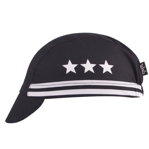 "Stars & Stripes" Technical 3-Panel Cap.  Black cap with white stars and stripes.  Side view.