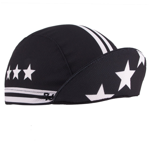 "Stars & Stripes" Technical 3-Panel Cap.  Black cap with white stars and stripes.  Bill up Angled view.
