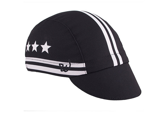"Stars & Stripes" Technical 3-Panel Cap.  Black cap with white stars and stripes.  Angled view.