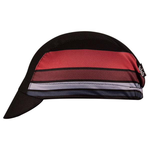 "The Finisher" Technical 3-Panel Cap.  Black cap with red, white, and gray stripes.  Side view.