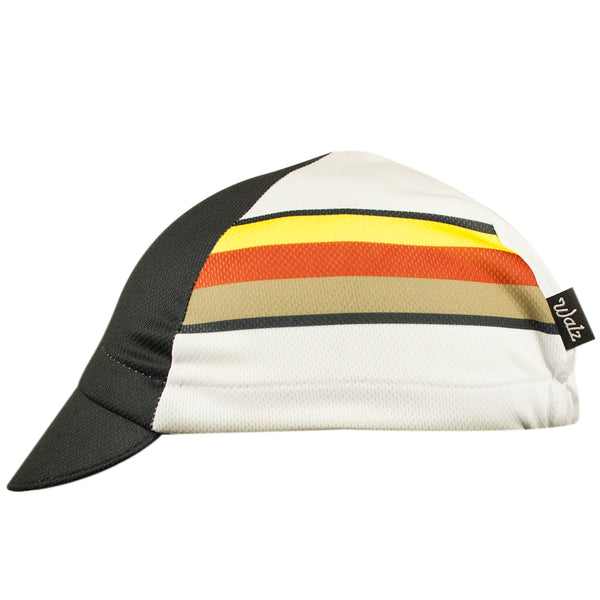 "Crank" Technical 4-Panel Cap.  Black and white cap with yellow, orange, and tan stripes.  Side View.