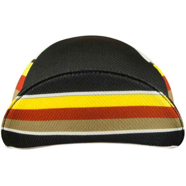 "Crank" Technical 4-Panel Cap.  Black and white cap with yellow, orange, and tan stripes.  Front View. Bill Up