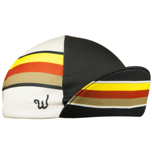 "Crank" Technical 4-Panel Cap.  Black and white cap with yellow, orange, and tan stripes.  Angled View. Bill up.