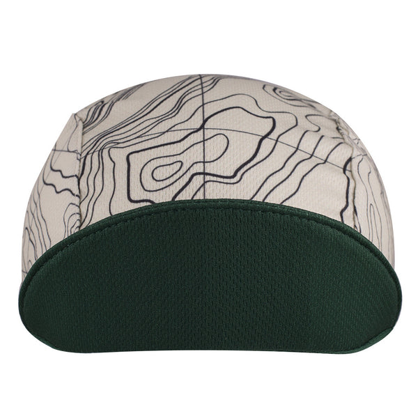 The "NPS" Trail Cap Technical 3-Panel Cap.  White topographic map design with green brim.  Brim up front view.