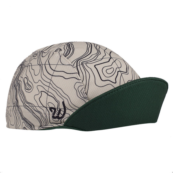 The "NPS" Trail Cap Technical 3-Panel Cap.  White topographic map design with green brim.  Brim up angled view.