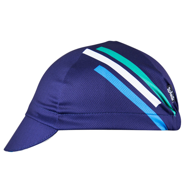 "Sea Breeze" Technical 4-Panel Cap.  Blue cap with green white and blue stripes.  Side view.