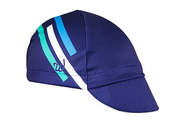 "Sea Breeze" Technical 4-Panel Cap.  Blue cap with green white and blue stripes.  Angled view.