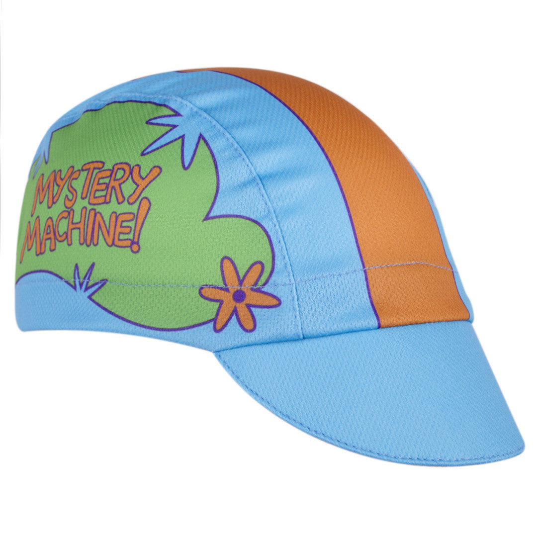 "Daphne" Technical Kids Cap.  Blue and orange 3-panel cap with Mystery Machine! text.  Angled view.