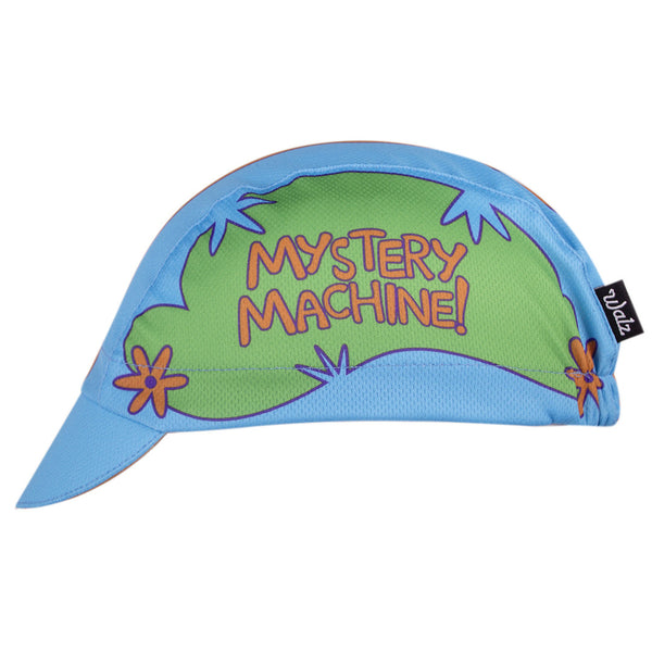 "Daphne" Technical Kids Cap.  Blue and orange 3-panel cap with Mystery Machine! text.  Side view.