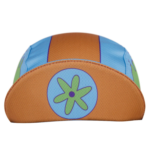 "Daphne" Technical Kids Cap.  Blue and orange 3-panel cap with flower design under brim.  Brim up front view.