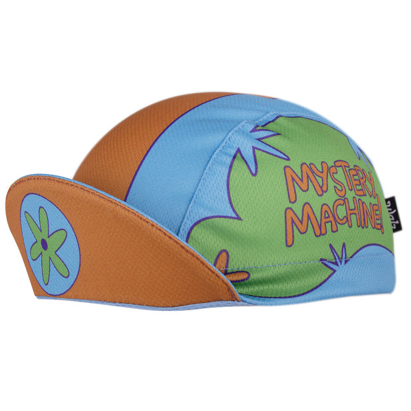 "Daphne" Technical Kids Cap.  Blue and orange 3-panel cap with Mystery Machine! text.  Brim up angled view.