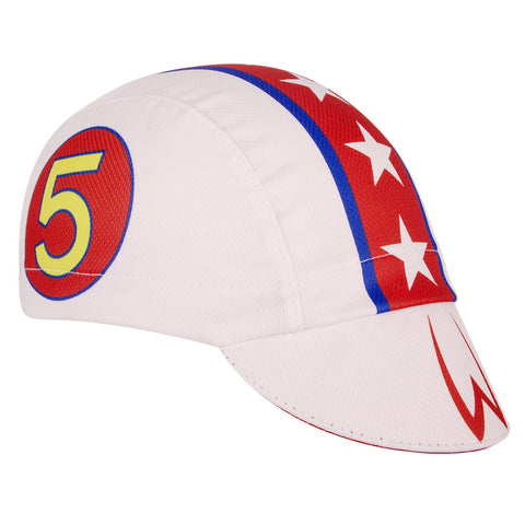 "Speed-Oh!" Technical Kids Cap.  White 3-panel cap with red and blue stripe, white stars, and number 5 icon.  Angled view.
