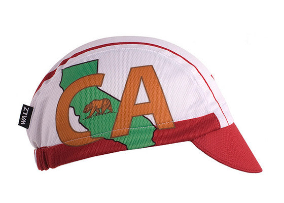 California 3-Panel Technical Cycling Cap.  White cap with red brim and red star.  CA text, California state, and bear imagery.  Side view.