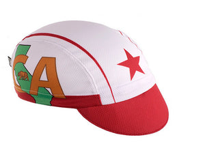 California 3-Panel Technical Cycling Cap.  White cap with red brim and red star.  CA text, California state, and bear imagery.  Angled view.