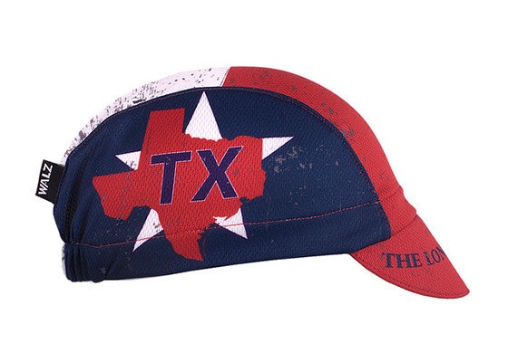 Texas Technical 3-Panel Cycling Cap. Red, white and blue cap with Texas state outline and TX text on side. THE LONE STAR STATE text on brim.  Side view.
