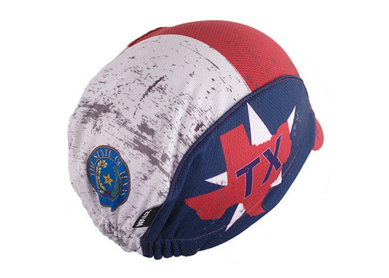 Texas Technical 3-Panel Cycling Cap. Red, white and blue cap with Texas state outline and TX text on side.  Texas state seal on back.  Overhead back view.